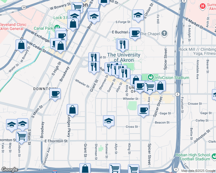 map of restaurants, bars, coffee shops, grocery stores, and more near 429 Sumner Street in Akron