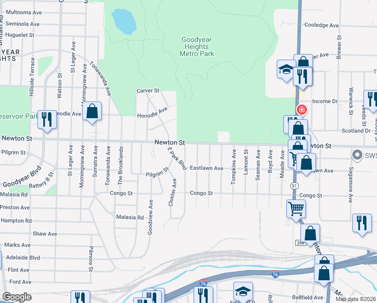 map of restaurants, bars, coffee shops, grocery stores, and more near 344 Booth Avenue in Akron