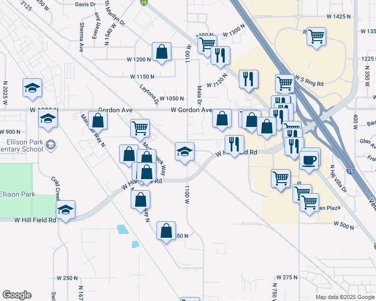 map of restaurants, bars, coffee shops, grocery stores, and more near North Angel Street in Davis County