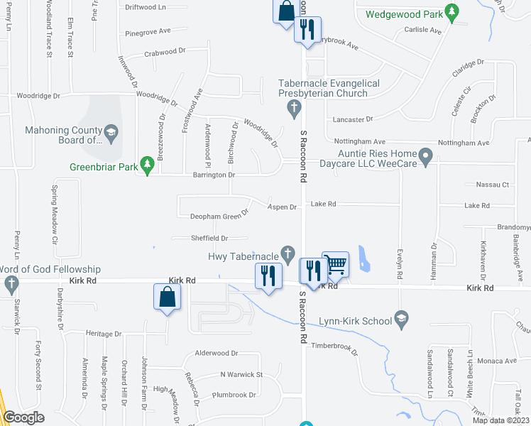 map of restaurants, bars, coffee shops, grocery stores, and more near 4473 Aspen Drive in Youngstown