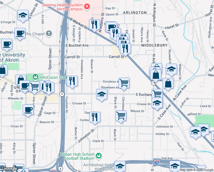map of restaurants, bars, coffee shops, grocery stores, and more near 719 Roselawn Avenue in Akron