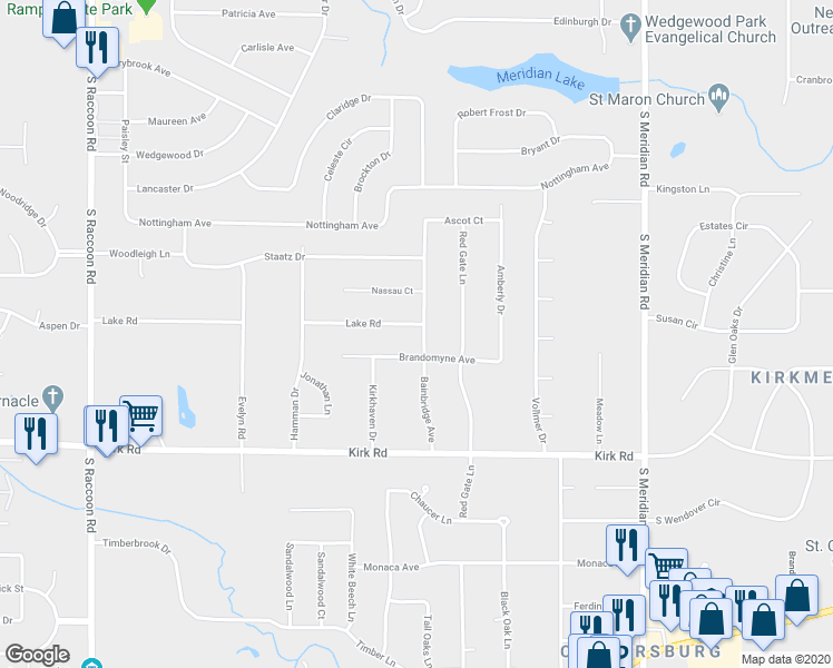 map of restaurants, bars, coffee shops, grocery stores, and more near 2788 Bainbridge Avenue in Youngstown