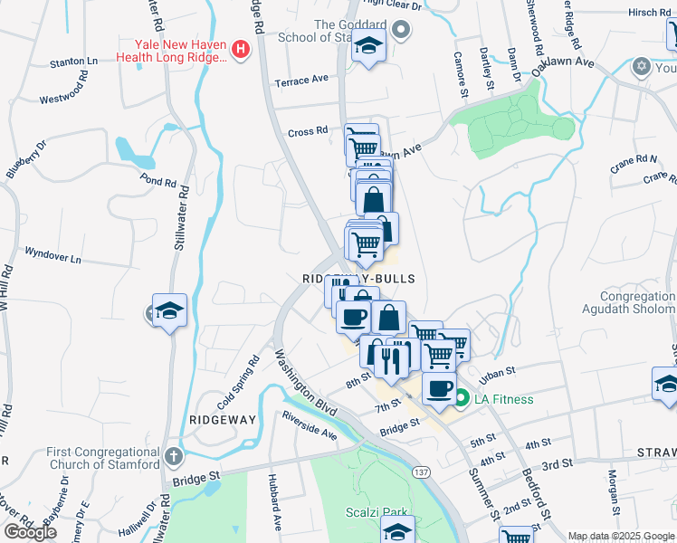 map of restaurants, bars, coffee shops, grocery stores, and more near 19 High Ridge Road in Stamford