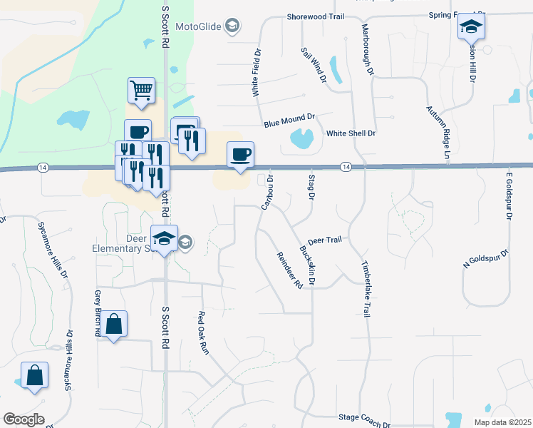map of restaurants, bars, coffee shops, grocery stores, and more near 1409 Caribou Drive in Fort Wayne