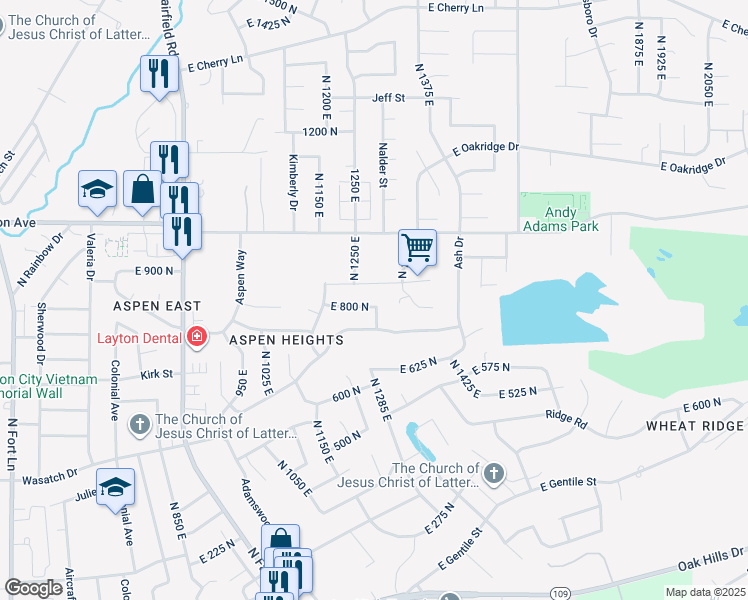 map of restaurants, bars, coffee shops, grocery stores, and more near 1289 East 800 North in Layton