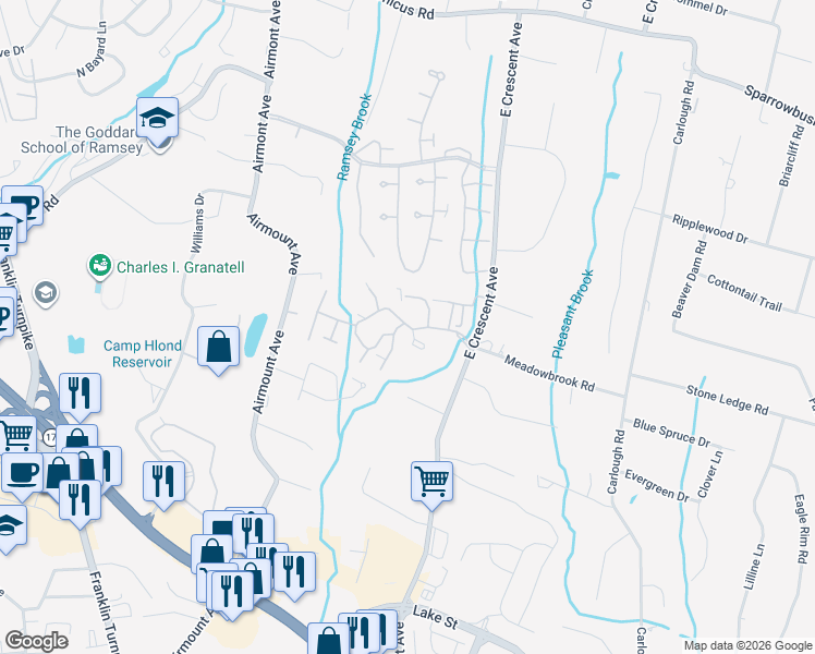 map of restaurants, bars, coffee shops, grocery stores, and more near 191 Cambridge Drive in Ramsey