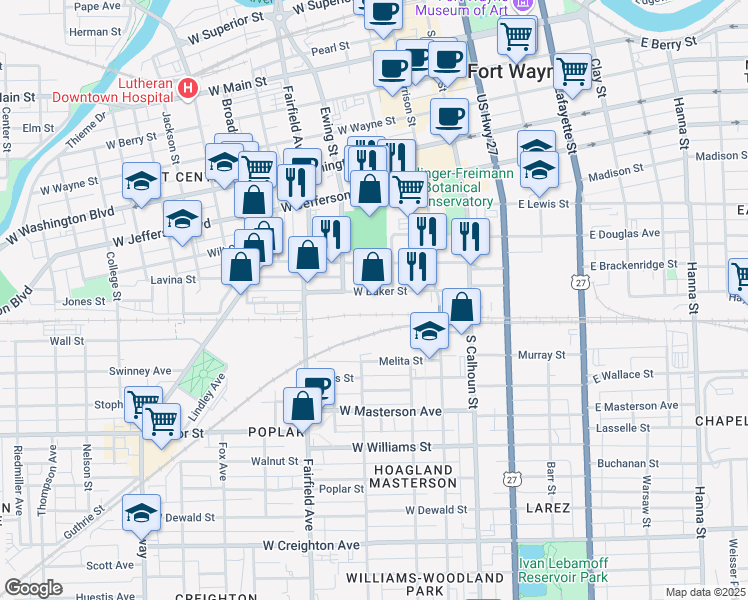 map of restaurants, bars, coffee shops, grocery stores, and more near 359 West Baker Street in Fort Wayne