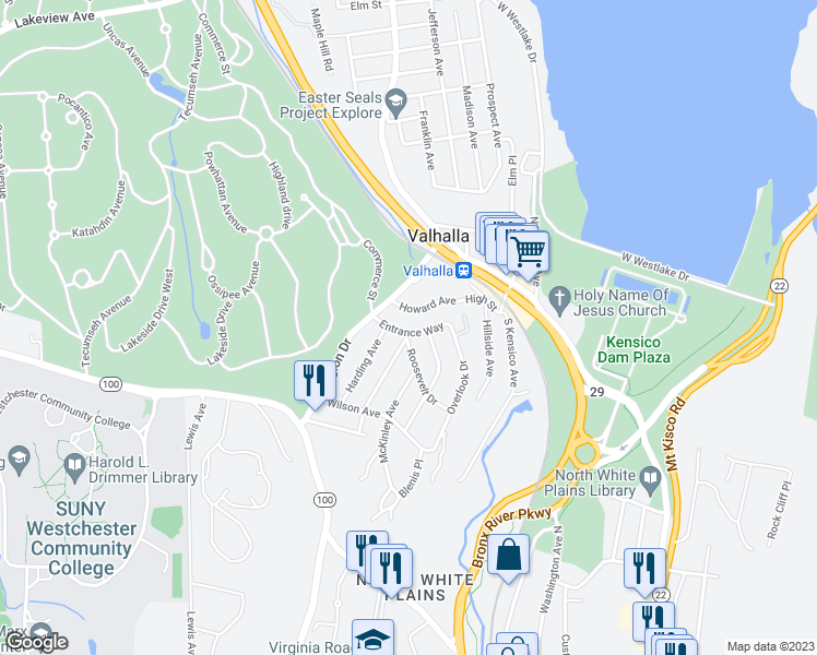 map of restaurants, bars, coffee shops, grocery stores, and more near 25 Entrance Way in Valhalla