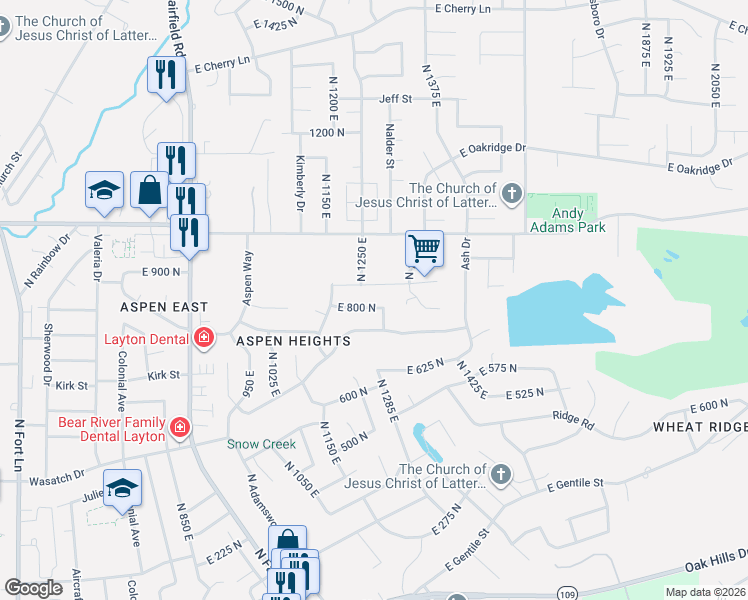 map of restaurants, bars, coffee shops, grocery stores, and more near 1276 East 800 North in Layton