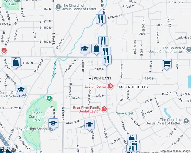 map of restaurants, bars, coffee shops, grocery stores, and more near 765 East 750 North in Layton