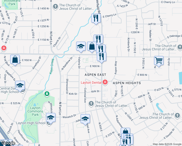 map of restaurants, bars, coffee shops, grocery stores, and more near 765 East 750 North in Layton