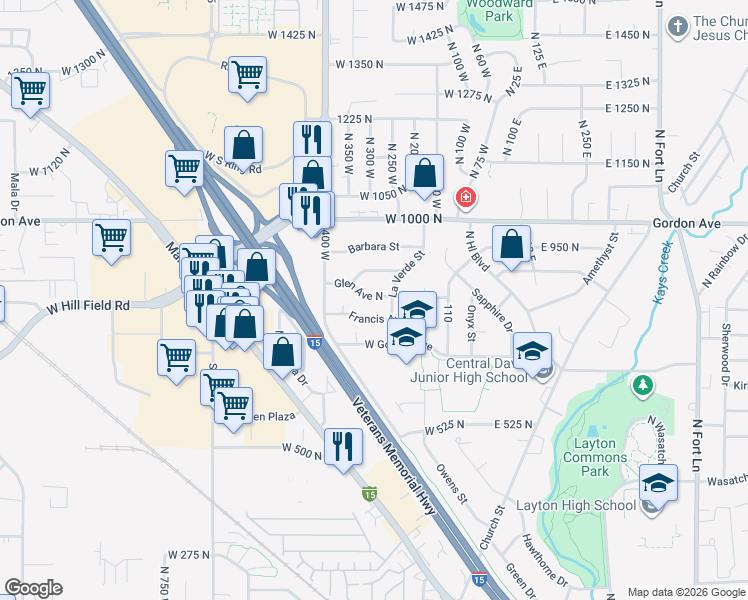 map of restaurants, bars, coffee shops, grocery stores, and more near 295 775 in Layton
