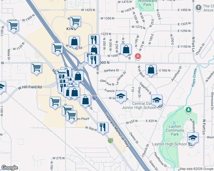 map of restaurants, bars, coffee shops, grocery stores, and more near 295 775 in Layton