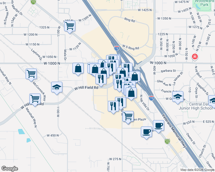 map of restaurants, bars, coffee shops, grocery stores, and more near 849 West Hill Field Road in Layton