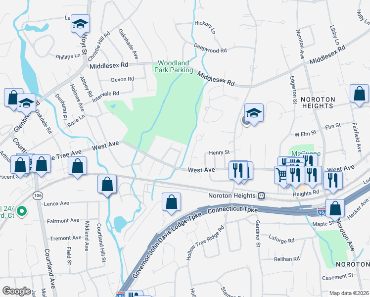 map of restaurants, bars, coffee shops, grocery stores, and more near 7 Oak Park Avenue in Darien