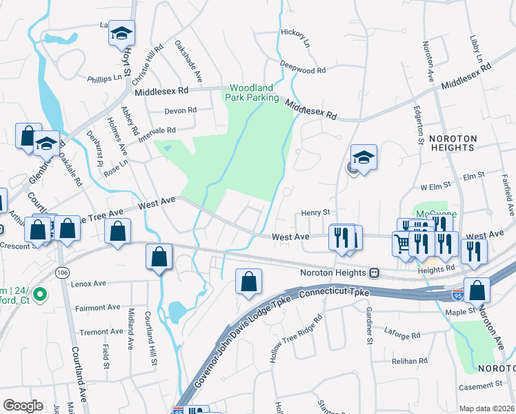 map of restaurants, bars, coffee shops, grocery stores, and more near 1 Brown Street in Darien