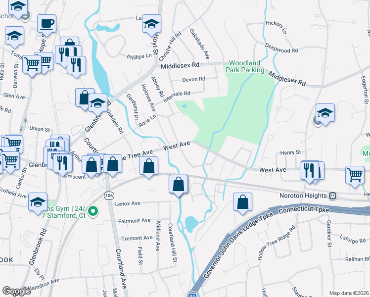 map of restaurants, bars, coffee shops, grocery stores, and more near 89 Holmes Avenue in Darien