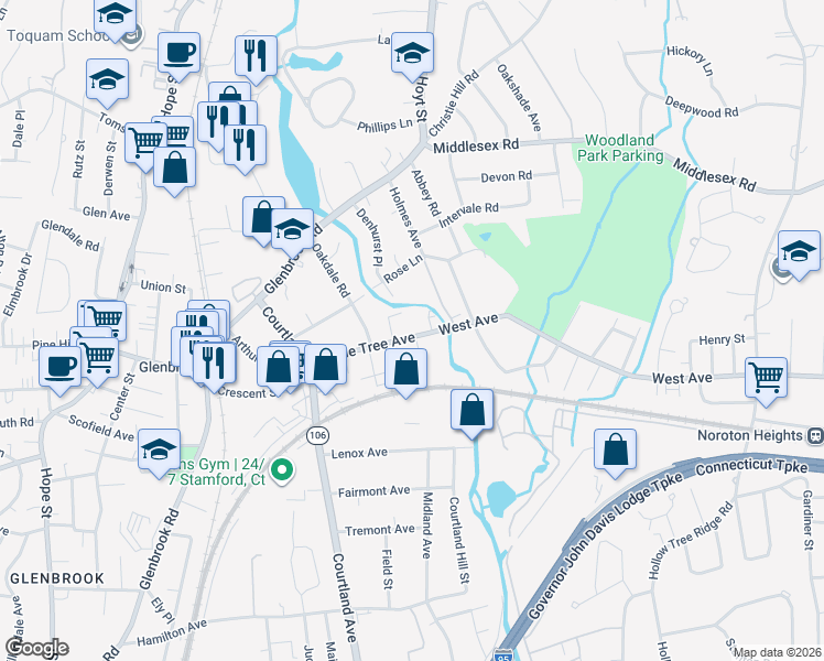 map of restaurants, bars, coffee shops, grocery stores, and more near 101 Maple Tree Avenue in Stamford