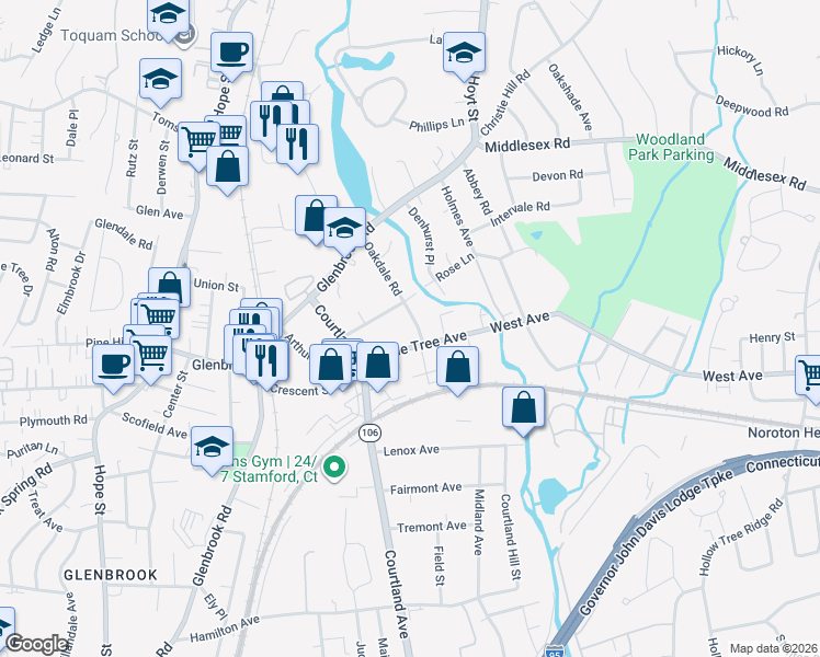 map of restaurants, bars, coffee shops, grocery stores, and more near 30 Maple Tree Avenue in Stamford