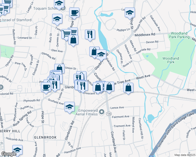 map of restaurants, bars, coffee shops, grocery stores, and more near 35 Arthur Place in Stamford