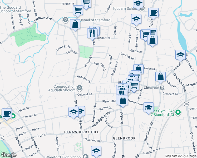 map of restaurants, bars, coffee shops, grocery stores, and more near 128 Pine Hill Avenue in Stamford