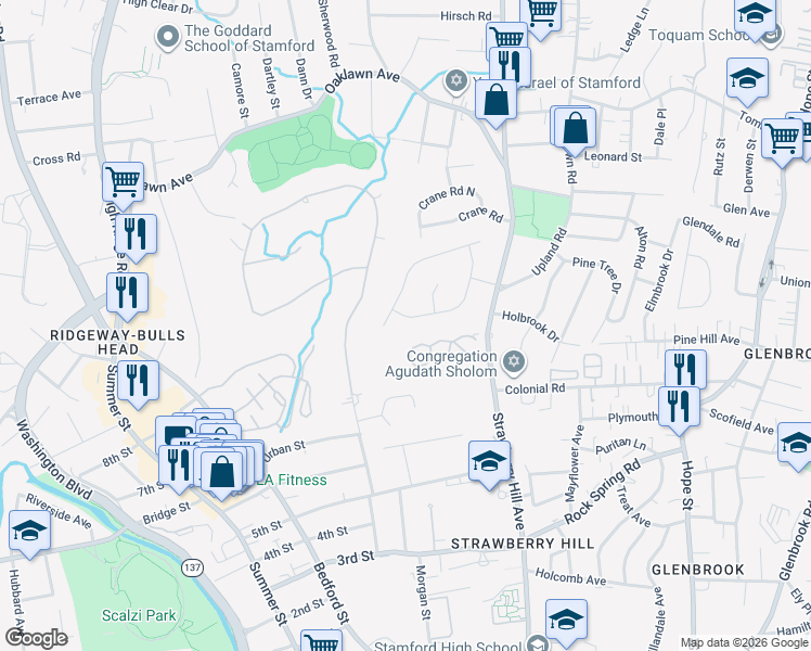 map of restaurants, bars, coffee shops, grocery stores, and more near 15 Fieldstone Terrace in Stamford