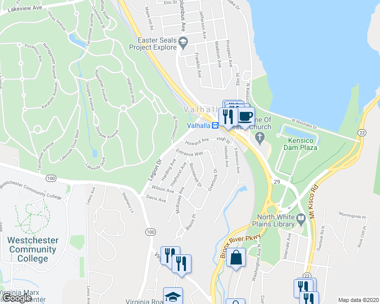 map of restaurants, bars, coffee shops, grocery stores, and more near 11 Roosevelt Drive in Valhalla