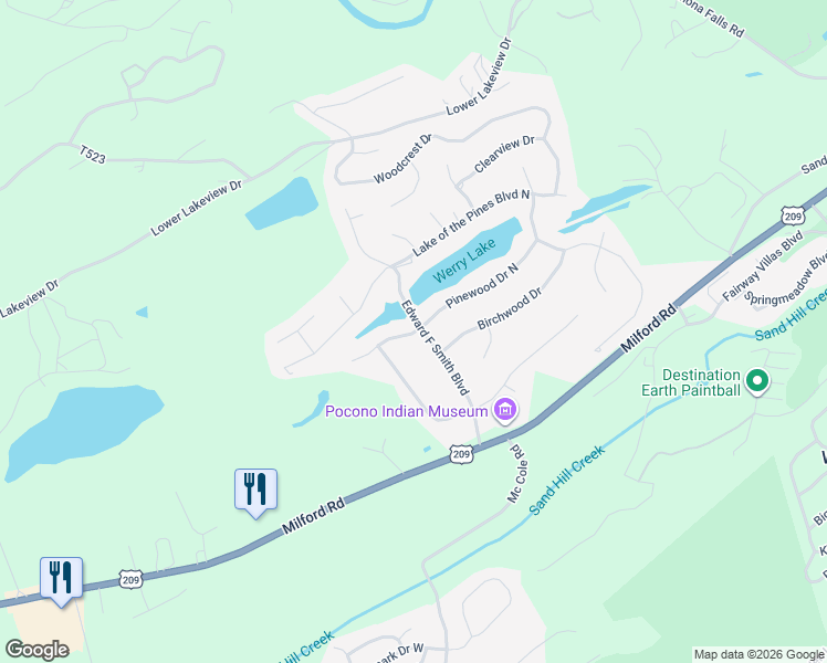 map of restaurants, bars, coffee shops, grocery stores, and more near 156 Lake of the Pines in East Stroudsburg