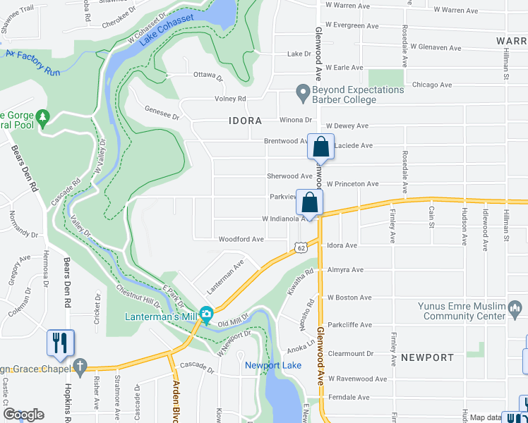 map of restaurants, bars, coffee shops, grocery stores, and more near 847 West Indianola Avenue in Youngstown