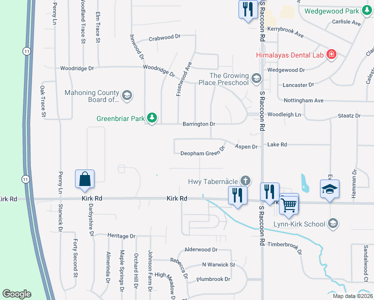 map of restaurants, bars, coffee shops, grocery stores, and more near 4595 Deopham Green Drive in Youngstown