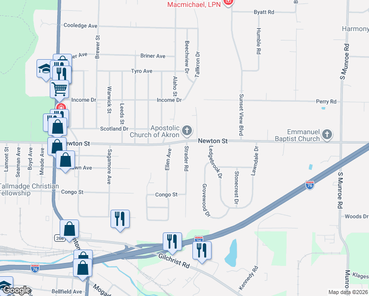 map of restaurants, bars, coffee shops, grocery stores, and more near 465 Strader Road in Akron
