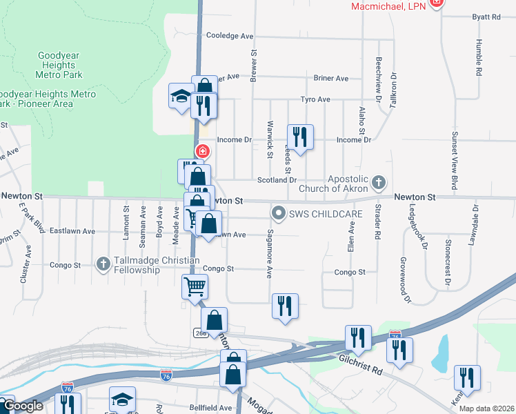 map of restaurants, bars, coffee shops, grocery stores, and more near 2384 Nicholas Avenue in Akron