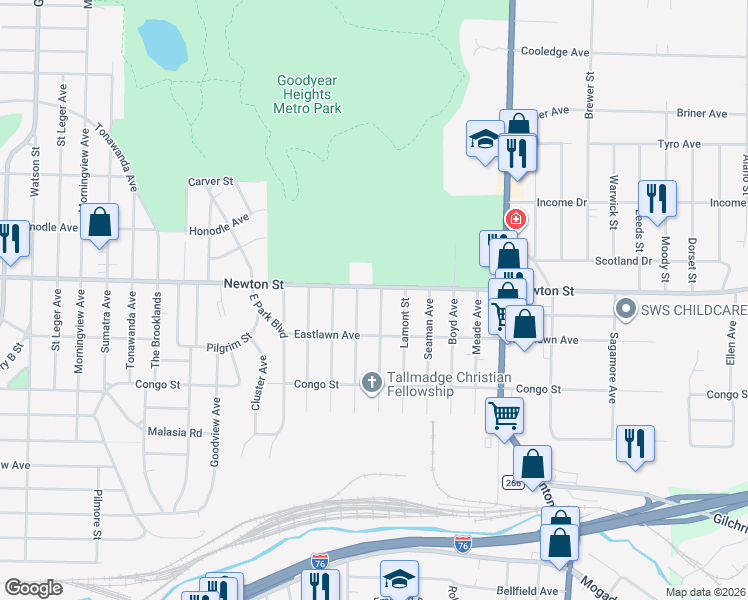 map of restaurants, bars, coffee shops, grocery stores, and more near 495 Tompkins Avenue in Akron