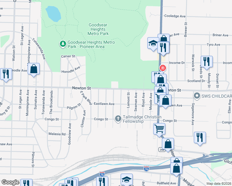 map of restaurants, bars, coffee shops, grocery stores, and more near 476 Newell Avenue in Akron