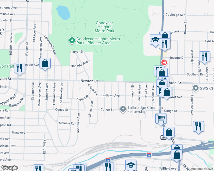 map of restaurants, bars, coffee shops, grocery stores, and more near 457 Sullivan Avenue in Akron