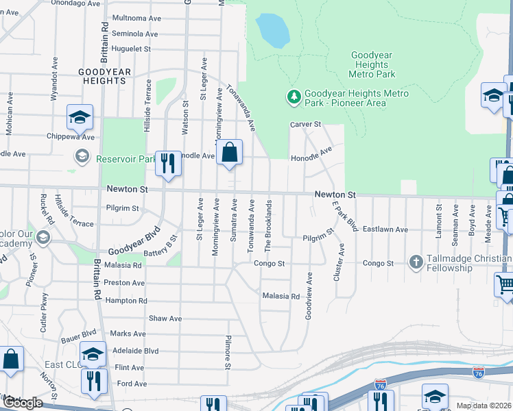 map of restaurants, bars, coffee shops, grocery stores, and more near 1909 Tonawanda Avenue in Akron