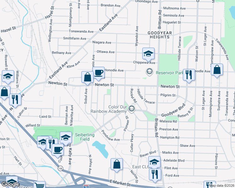 map of restaurants, bars, coffee shops, grocery stores, and more near 314 Pioneer Street in Akron