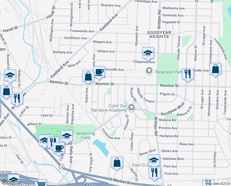 map of restaurants, bars, coffee shops, grocery stores, and more near 320 Para Avenue in Akron