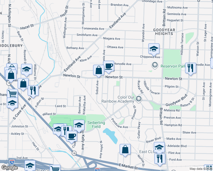 map of restaurants, bars, coffee shops, grocery stores, and more near 279 Kryder Avenue in Akron