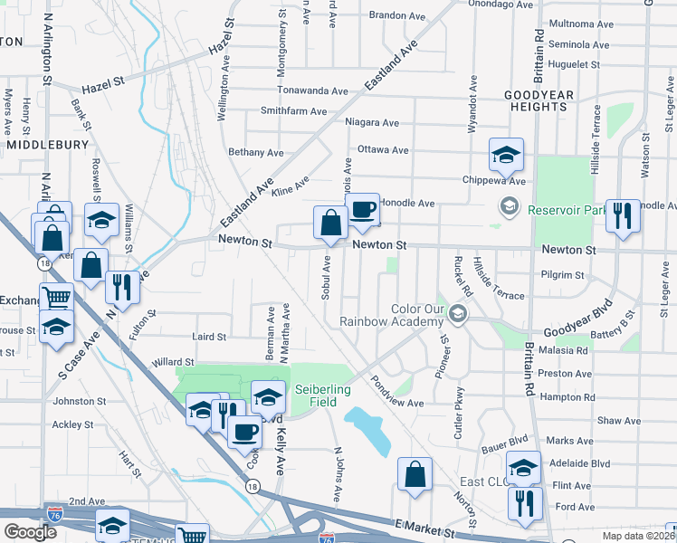 map of restaurants, bars, coffee shops, grocery stores, and more near 271 Sobul Avenue in Akron
