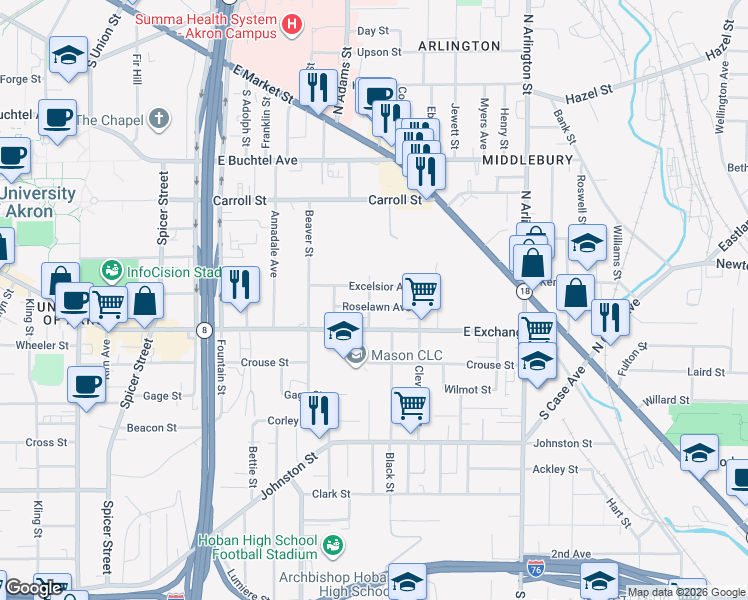 map of restaurants, bars, coffee shops, grocery stores, and more near 755 East Exchange Street in Akron
