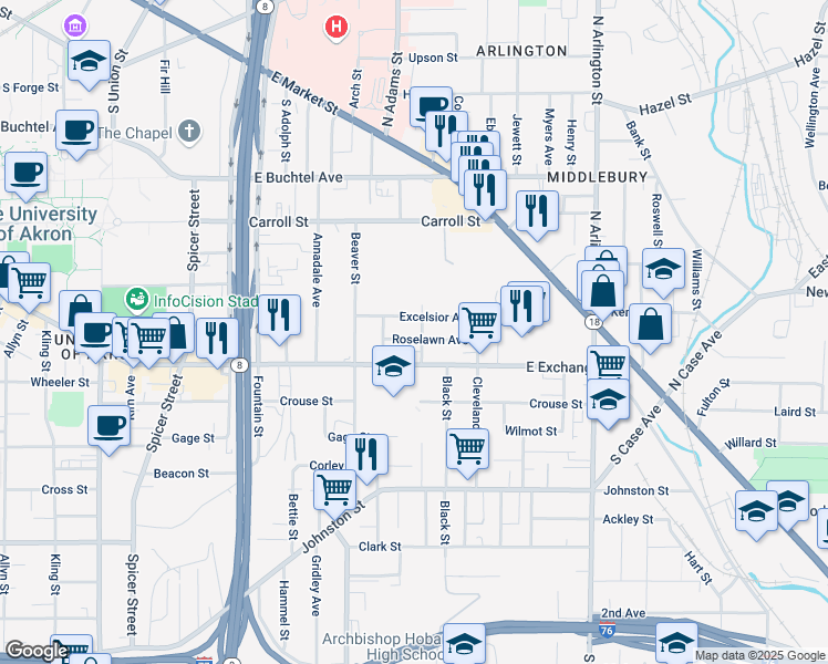 map of restaurants, bars, coffee shops, grocery stores, and more near 703 East Exchange Street in Akron