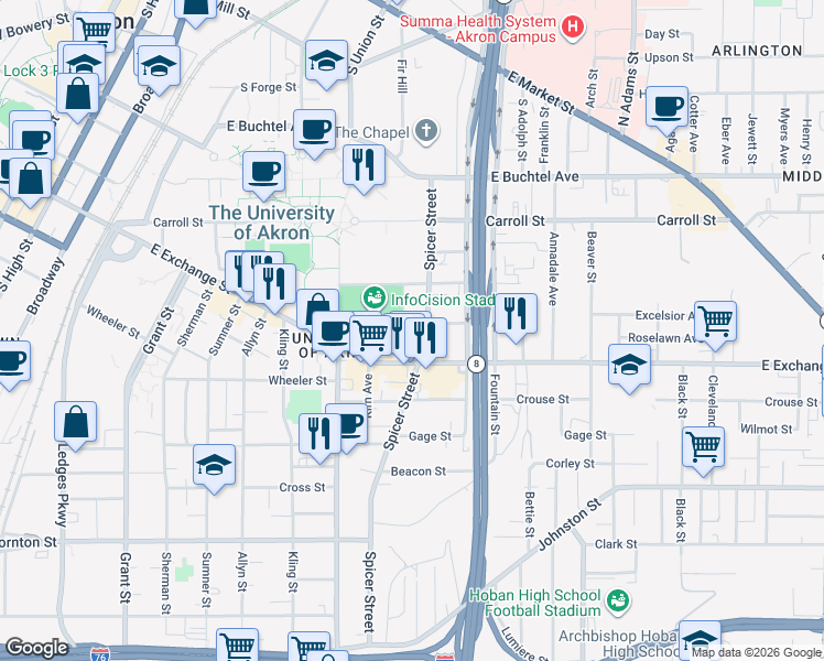map of restaurants, bars, coffee shops, grocery stores, and more near 459 East Exchange Street in Akron