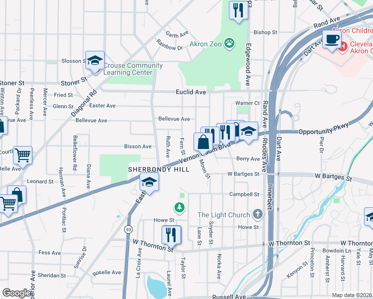 map of restaurants, bars, coffee shops, grocery stores, and more near 600 Ohio 261 in Akron