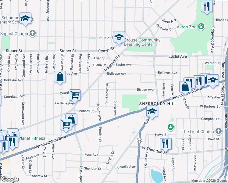 map of restaurants, bars, coffee shops, grocery stores, and more near 949 Diana Avenue in Akron