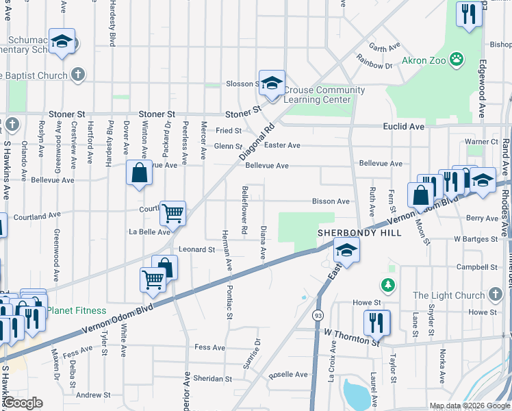map of restaurants, bars, coffee shops, grocery stores, and more near 949 Diana Avenue in Akron