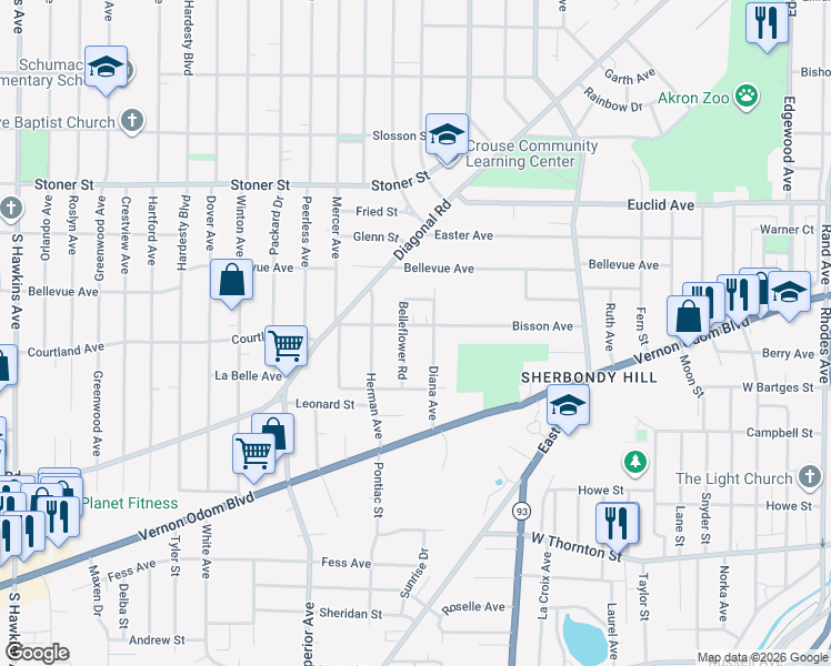 map of restaurants, bars, coffee shops, grocery stores, and more near 949 Diana Avenue in Akron