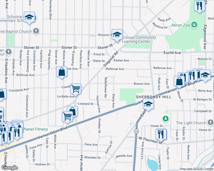 map of restaurants, bars, coffee shops, grocery stores, and more near 1198 Belleflower Road in Akron