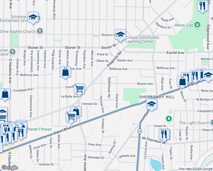 map of restaurants, bars, coffee shops, grocery stores, and more near 1198 Belleflower Road in Akron