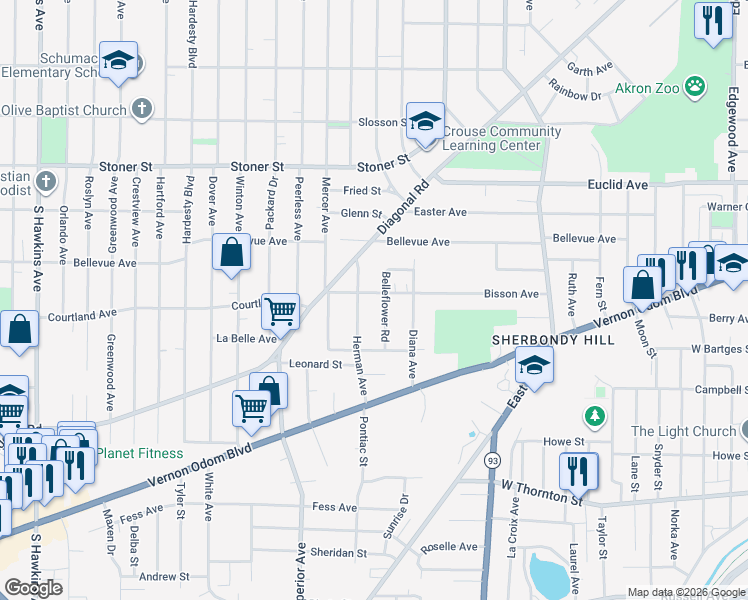 map of restaurants, bars, coffee shops, grocery stores, and more near 1198 Belleflower Road in Akron